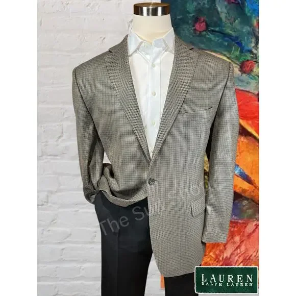 Ralph Lauren LRL Mens 48L Tan Brown Houndstooth Silk Wool Blazer Sport Jacket - Picture 1 of 14